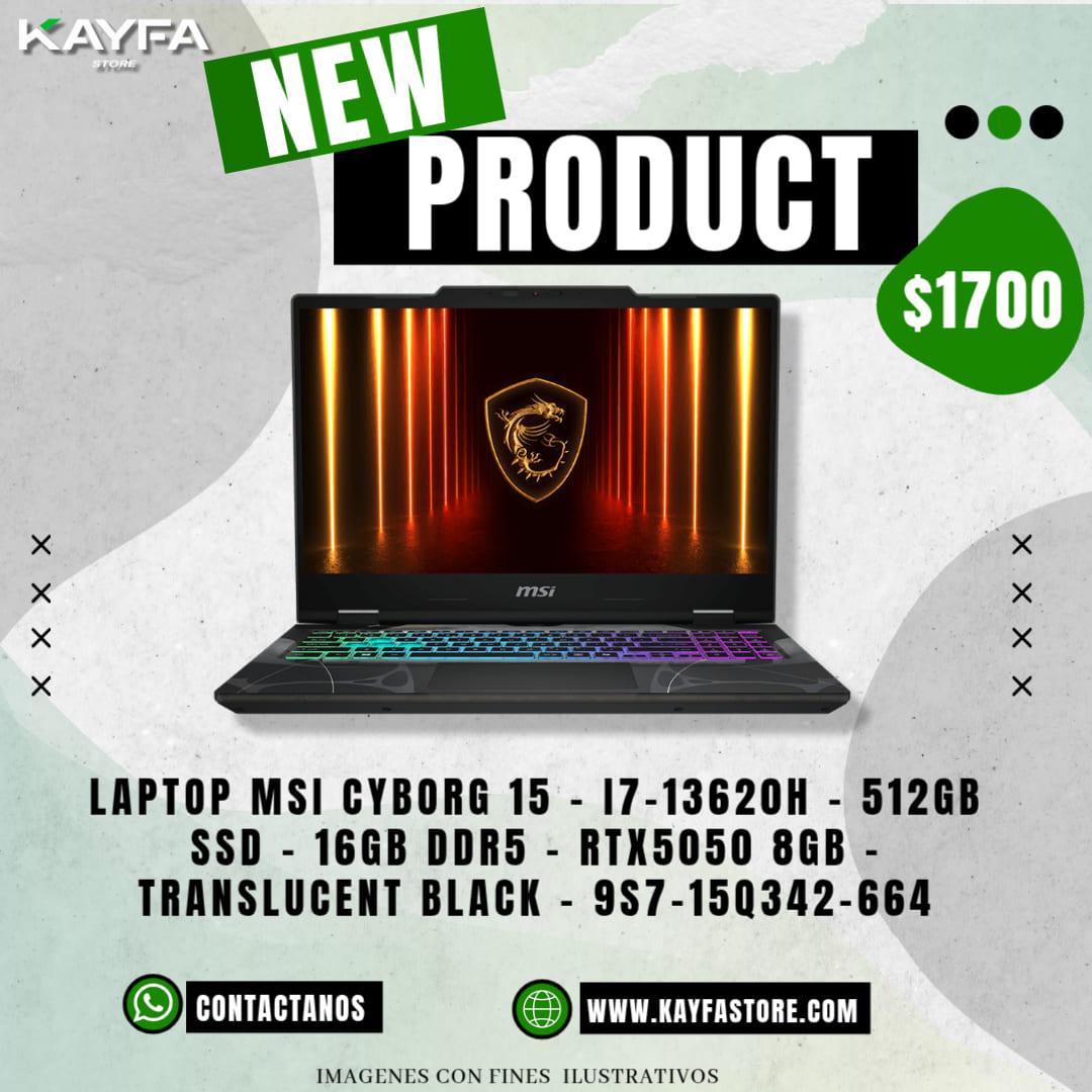 LAPTOP MSI CYBORG 15 - I7-13620H - 512GB SSD - 16GB DDR5 - RTX5050 8GB - TRANSLUCENT BLACK - 9S7-15Q342-664
