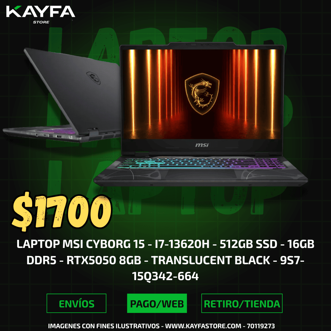 LAPTOP MSI CYBORG 15 - I7-13620H - 512GB SSD - 16GB DDR5 - RTX5050 8GB - TRANSLUCENT BLACK - 9S7-15Q342-664