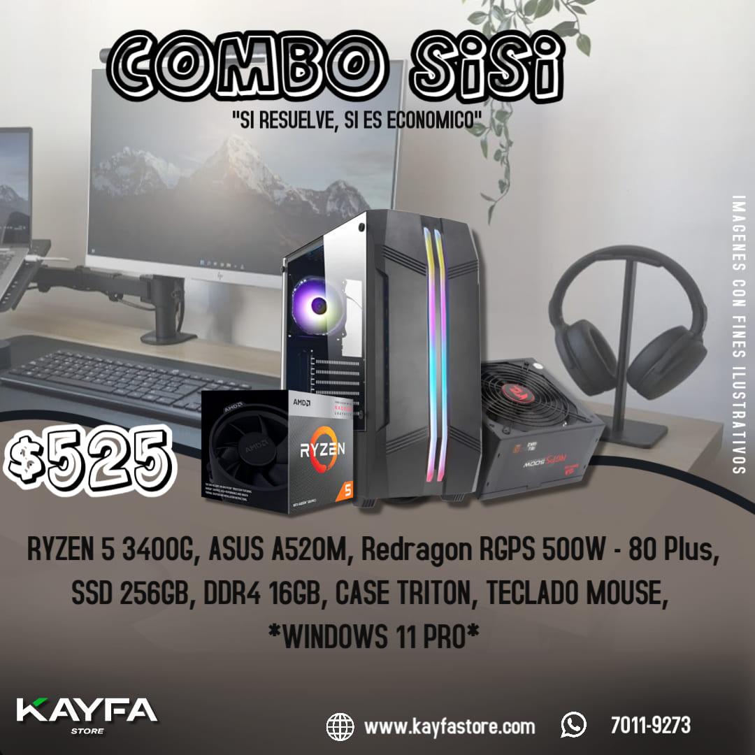 PC RYZEN 5 3400G, ASUS A520M, Redragon RGPS 500W - 80 Plus, SSD 256GB, DDR4 16GB, CASE TRITON, TECLADO MOUSE, WIND 11 PRO