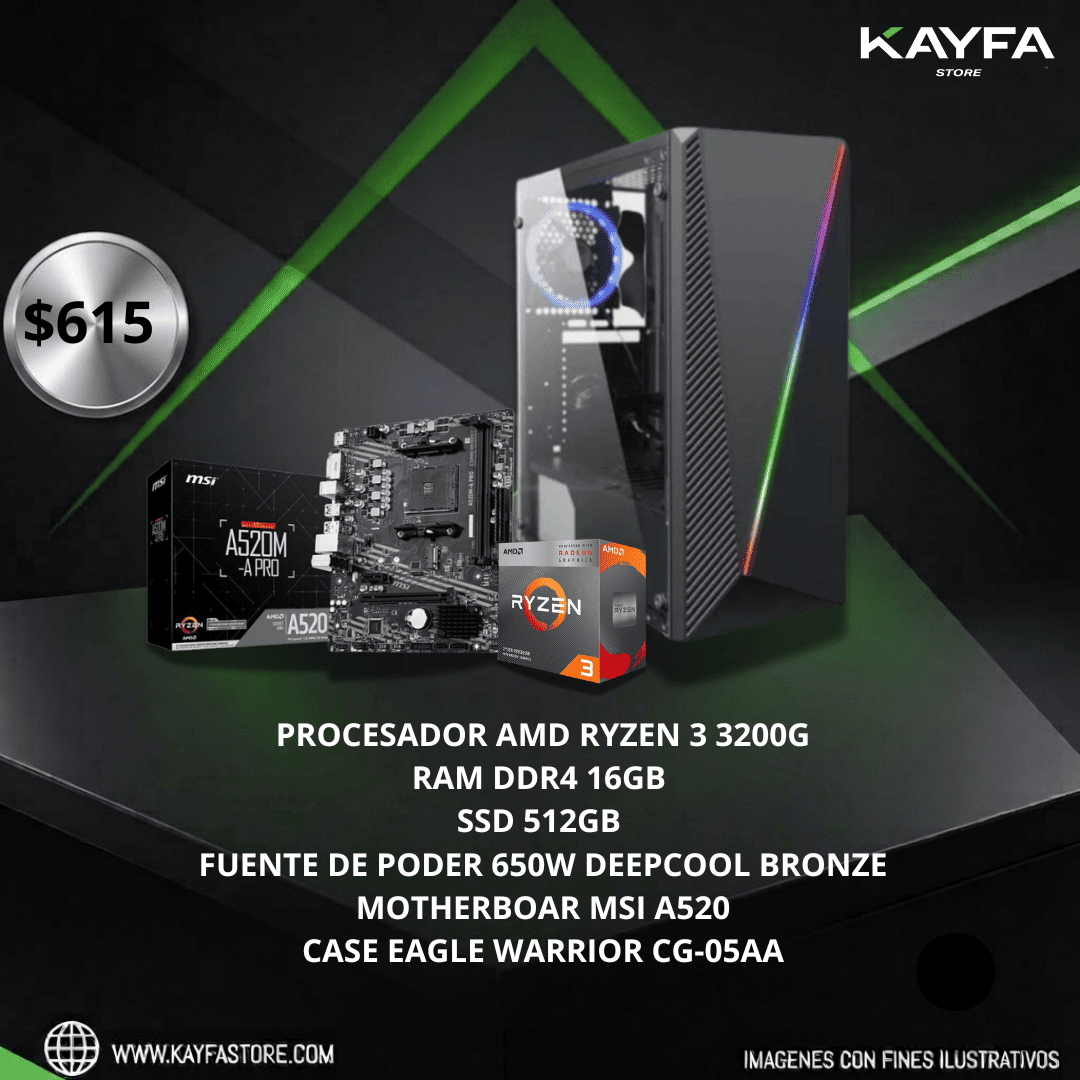 PROCESADOR AMD RYZEN 3 3200G
RAM DDR4 16GB 
SSD 512GB 
FUENTE DE PODER 650W DEEPCOOL BRONZE
MOTHERBOAR MSI A520
CASE EAGLE WARRIOR CG-05AA