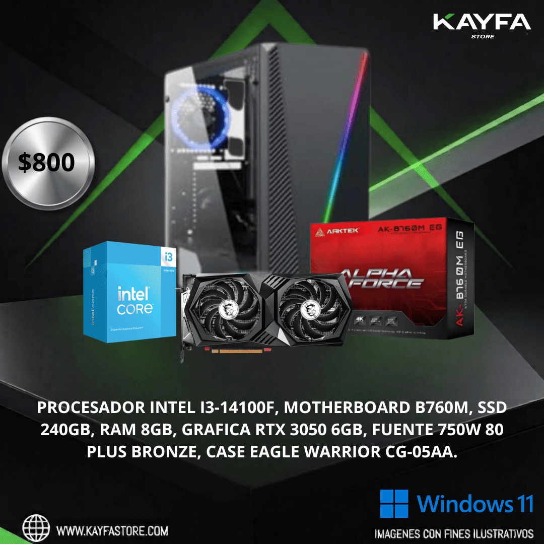 PROCESADOR INTEL I3-14100F, MOTHERBOARD B760M, SSD 240GB, RAM 8GB, GRAFICA RTX 3050 6GB, FUENTE 750W 80 PLUS BRONZE, CASE EAGLE WARRIOR CG-05AA.